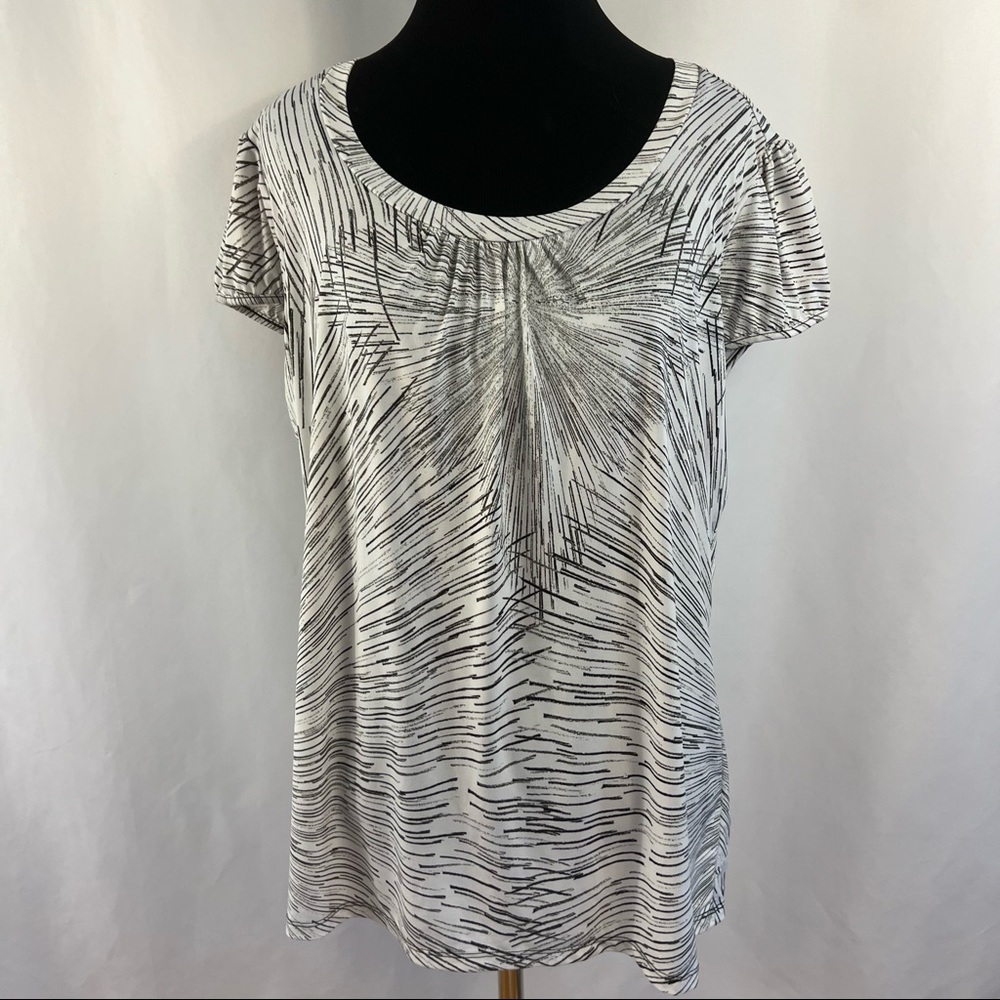 Women's Abstract Top Modern Geometric Cap Sleeve Blouse Size XL Black White
